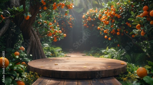 abstract wooden podium on orange trees garden for advertising, copy space, horizontal, citrus orchard