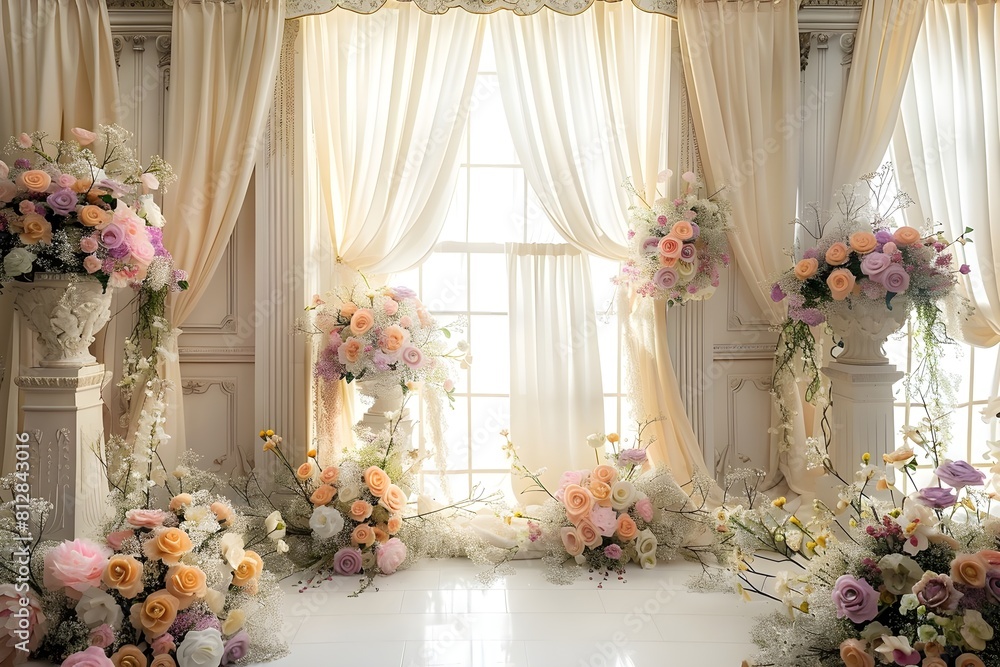 luxurious white room for wedding background with bouquet flora generative AI
