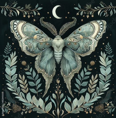 A green Luna moth with outstretched wings rests on a dark background surrounded by colourful flowers and small stars. A crescent moon hovers above it, creating a serene night landscape. photo