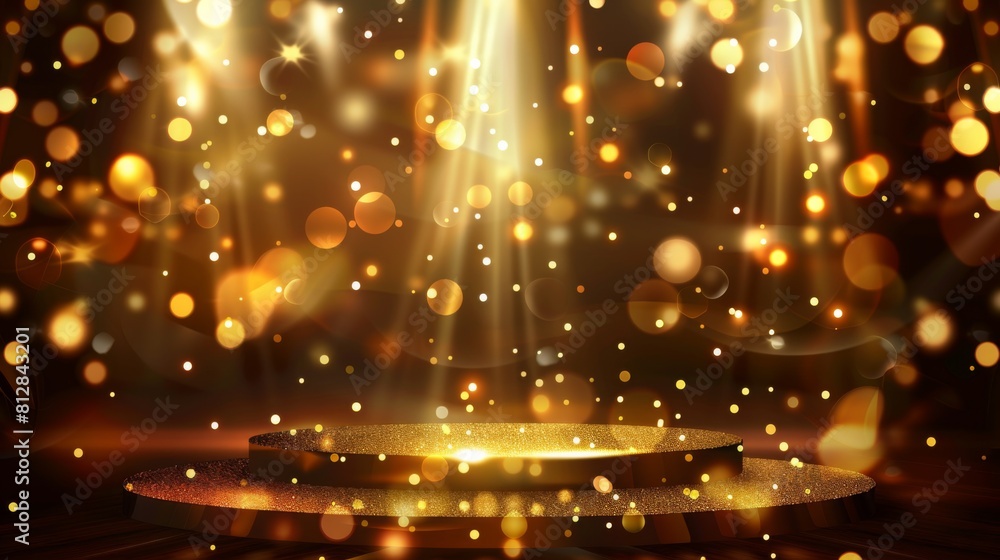 Gold stage scene with glitter light effects decorations and bokeh. Luxury background design concept