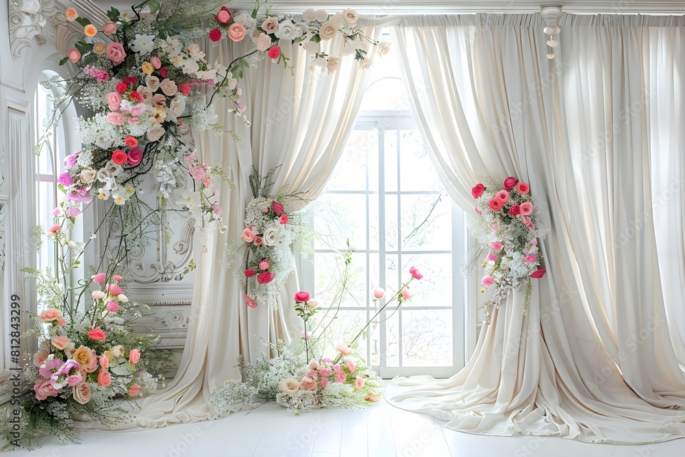 luxurious white room for wedding background with bouquet flora generative AI luxurious white room for wedding background with bouquet flora generative AI