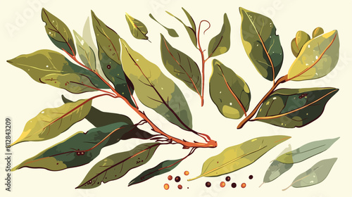 Collection of vector hand drawn branch of bay leaf