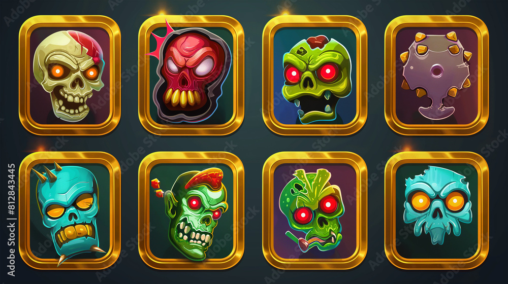 Fototapeta premium Zombie asset or Slot game icons on dark background, Illustration