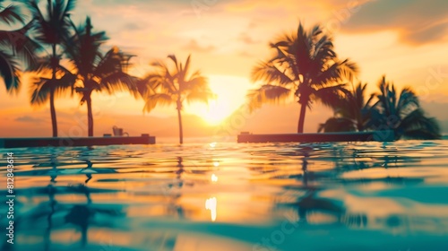Outdoor luxury sunset over infinity pool swimming summer beachfront hotel resort tropical landscape Beautiful tranquil beach holiday vacation background Amazing island sunset beach vie : Generative AI