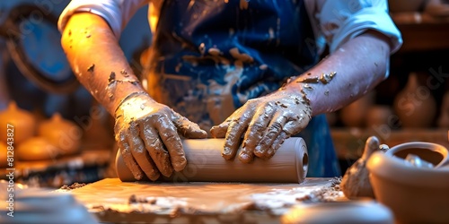 Creating Earthenware: Artisan Rolling Clay Slab in Pottery Class. Concept Pottery Technique, Handmade Ceramics, Clay Sculpture, Artisan Craftsmanship, Pottery Making photo