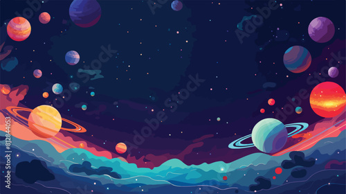 Colorful blue galaxy banner with cartoon rocket lea photo