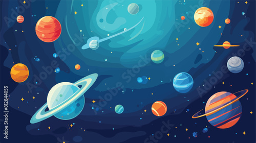 Colorful blue galaxy banner with cartoon rocket lea