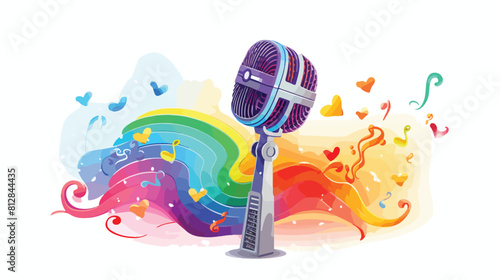 Colorful microphone with flying music notes and rai photo