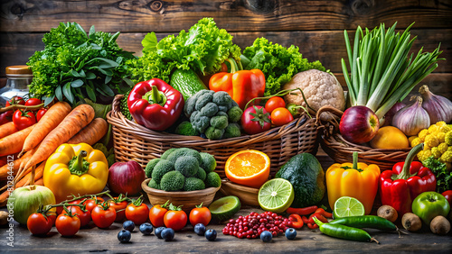 Healthy Organic Produce: Fresh Fruits and Vegetables. Perfect for: World Health Day, Earth Day, Organic Harvest Festival, healthy eating promotion, organic farming promotion, farm-to-table concept.