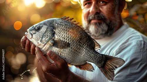 a close-up of a fisherman holding a fish in his hands. Selective focus photo