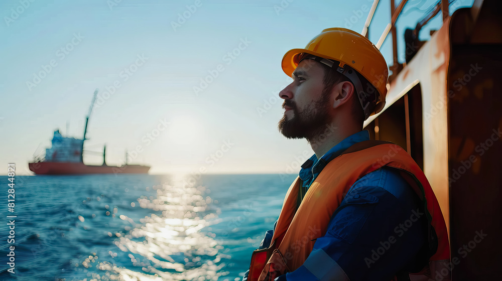 sailor with a coverall and a safety helmet is standing near the ship's railing and looking at the wide sea as if releasing heavy work. sailor with a coverall and a safety helmet is standing near the ship's railing and looking at the wide sea as if releasing heavy work.