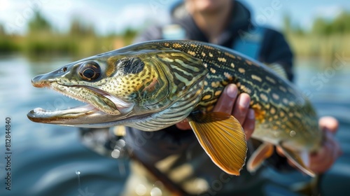 close-up of a fisherman holding a pike in his hands. Selective focus