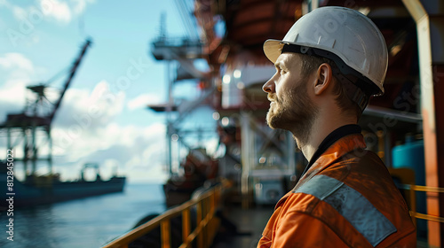 side view Offshore technician. Seafarer. Seaman. Navigator. A man in a boiler suit is standing in front of the port. photo