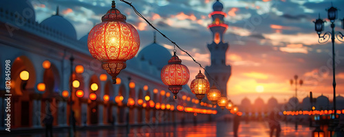sunset radiance of mosque tower illuminated by lanterns, with a blue building in the background © YOGI C