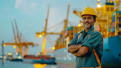 Offshore technician. Navigator. A man in a boiler suit with safety helmet crossed hands and standing in front of the port. photo