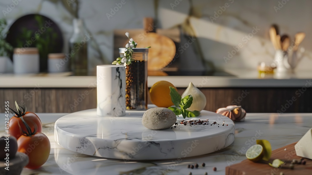 Marble stone stand on kitchen table with various food ingredients : Generative AI Marble stone stand on kitchen table with various food ingredients : Generative AI