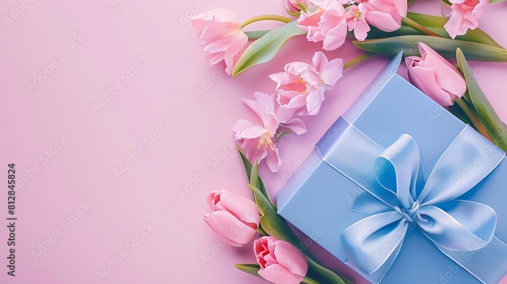 Mothers Day decorations concept Top view photo of blue giftbox with ribbon bow and bouquet of pink tulips on isolated pastel pink background with copyspace : Generative AI Mothers Day decorations concept Top view photo of blue giftbox with ribbon bow and bouquet of pink tulips on isolated pastel pink background with copyspace : Generative AI