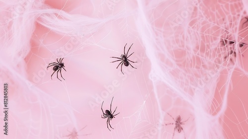 White spider web with black spiders on pastel pink background Minimal pink Halooween concept : Generative AI photo