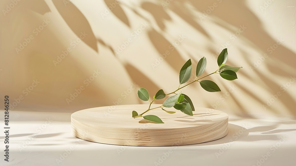 Top view wooden podium with green leaves for eco product presentation Flat lay neutral beige color minimal aesthetic display : Generative AI Top view wooden podium with green leaves for eco product presentation Flat lay neutral beige color minimal aesthetic display : Generative AI