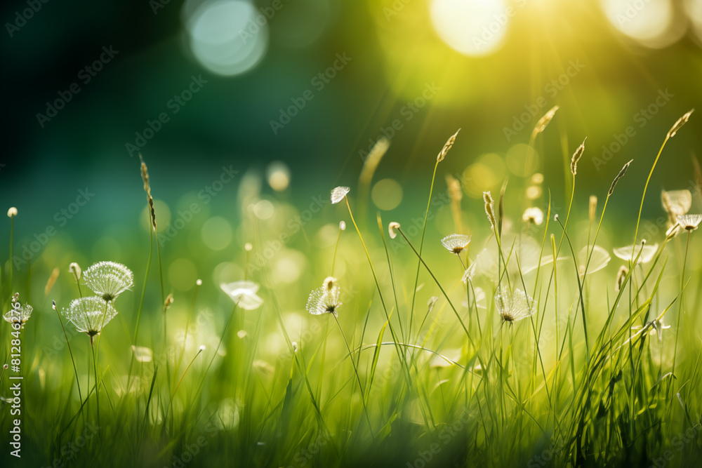 Field of green grass with dew drops on it. The grass is lush and vibrant, and the dew adds a sense of freshness and tranquility to the scene.