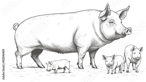 Contour pigs in all growth. Sketch black and white