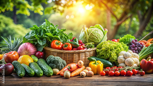 Healthy Organic Produce  Fresh Fruits and Vegetables. Perfect for  World Health Day  Earth Day  Organic Harvest Festival  healthy eating promotion  organic farming promotion  farm-to-table concept.
