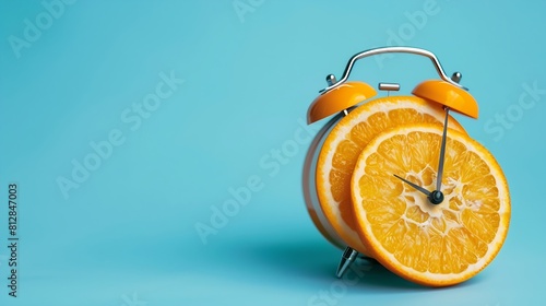 Creative idea layout fresh orange slice alarm clock on pastel blue background minimal idea business concept fruit idea creative to produce work within an advertising marketing communic : Generative AI photo