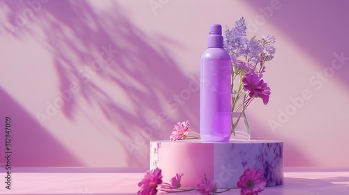 A purple plastic bottle without label on marble podium glass vase and beautiful flowers decorated on pink background Mockup for cosmetic product minimal concept : Generative AI