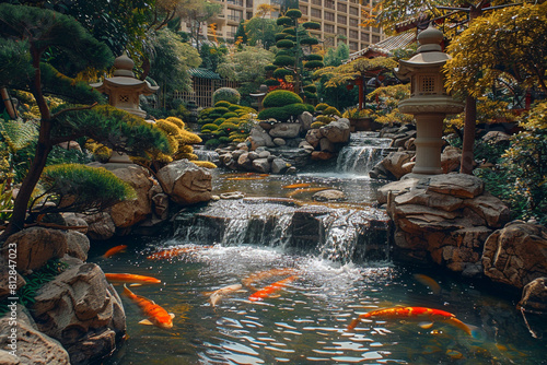 A serene shot of the resort s zen gardens  featuring intricate rock formations  bonsai trees  and a serene koi pond.