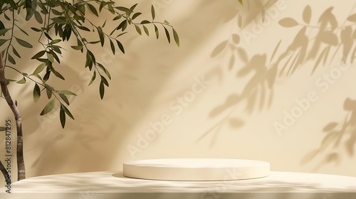 Abstract minimal nature scene  empty stage and white circle podium on beige background and soft shadows of tree leaves Pedestal for cosmetic product and packaging mockups display prese : Generative AI photo