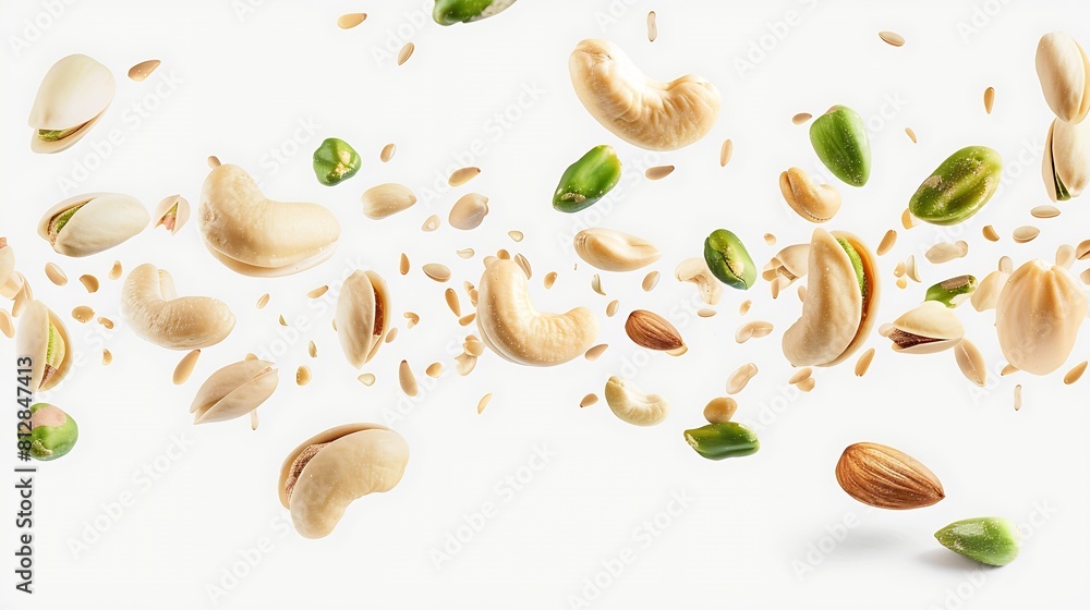 Peeled peanut hazelnut green pumpkin seeds pistachio cashew walnut and almond isolated on white background Nuts flying for vertical layout Package design element with clipping path : Generative AI Peeled peanut hazelnut green pumpkin seeds pistachio cashew walnut and almond isolated on white background Nuts flying for vertical layout Package design element with clipping path : Generative AI