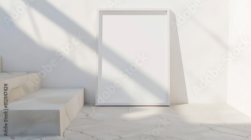 Blank white picture frame leaning against white wall Outdoor sandstone stairs in sunlight shadows overlay Empty poster mockup for art display Minimal summer design No people : Generative AI