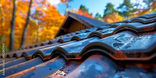 Detailed view of a bituminous tile on a house roof. Concept House Roofing, Bituminous Tile, Building Materials, Construction Techniques