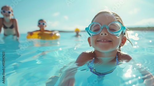 Refreshing at heat weather Cheerful children in googles smiling while playing in swimming pool at sunny day active vacation and healthy lifestyle happy summertime banner format : Generative AI photo