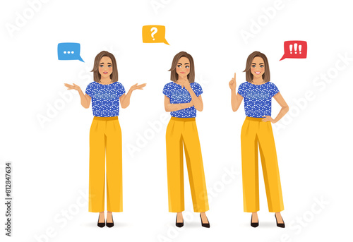 Beautiful business woman wearing bright clothes standing in full length and making decision - frustrated, thinking and making idea pointing up isolated on white background vector illustration