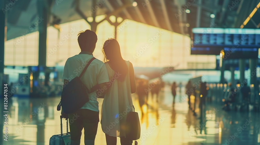 custom made wallpaper toronto digitalLove couple and in airport with passport traveling and check passport for information airline and summer vacation Romance man and woman with happiness holiday and confirm travel time a : Generative AI