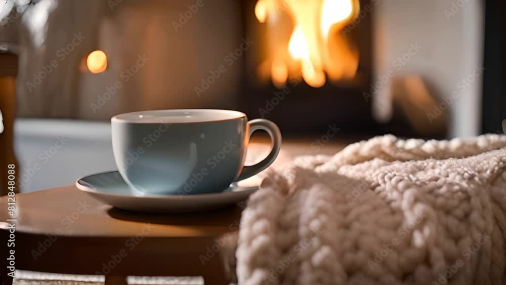 Cup of Coffee by Wooden Table and Fireplace Generative AI Cup of Coffee by Wooden Table and Fireplace Generative AI