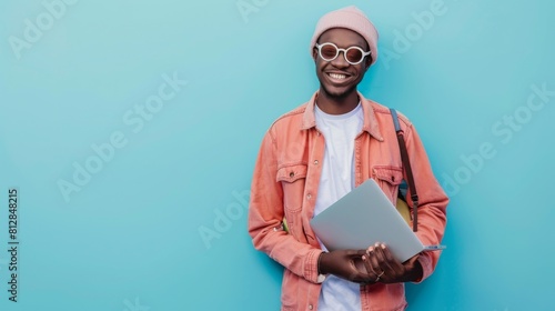 Stylish Man with Pink Jacket and Laptop photo