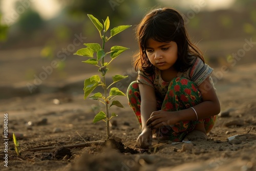 Child nurtures a young plant in a field during the golden hour, symbolizing hope and care for nature