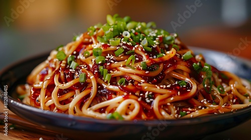 Deep red chili sauce drizzled over a plate of spicy noodles, flavorful and enticing.