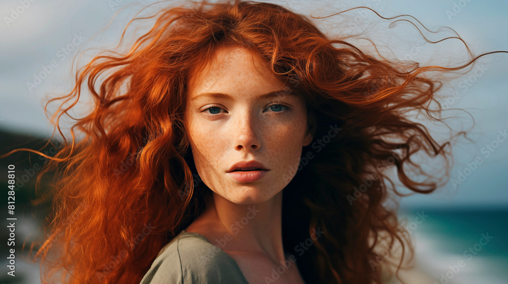 Portrait of a young and beautiful red-haired girl on the beach. A young woman with bright orange flowing hair and frizz. Woman at sea Portrait of a young and beautiful red-haired girl on the beach. A young woman with bright orange flowing hair and frizz. Woman at sea