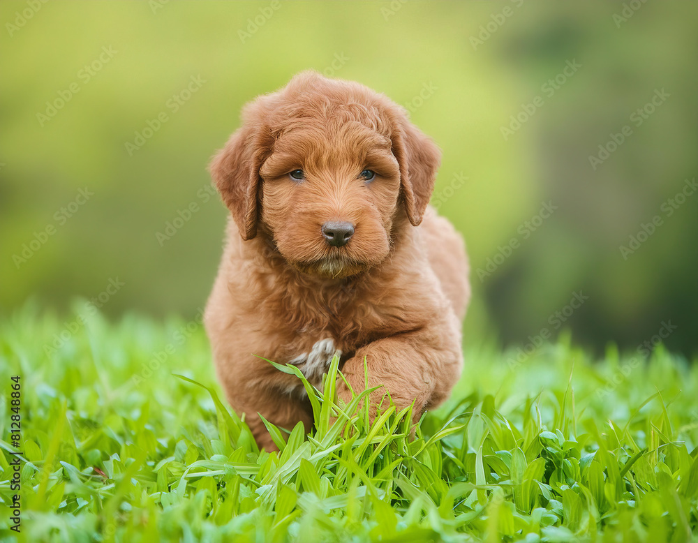  Cute labradoodle puppy running in green grass and soft focus background, low angle and front view, ai generated