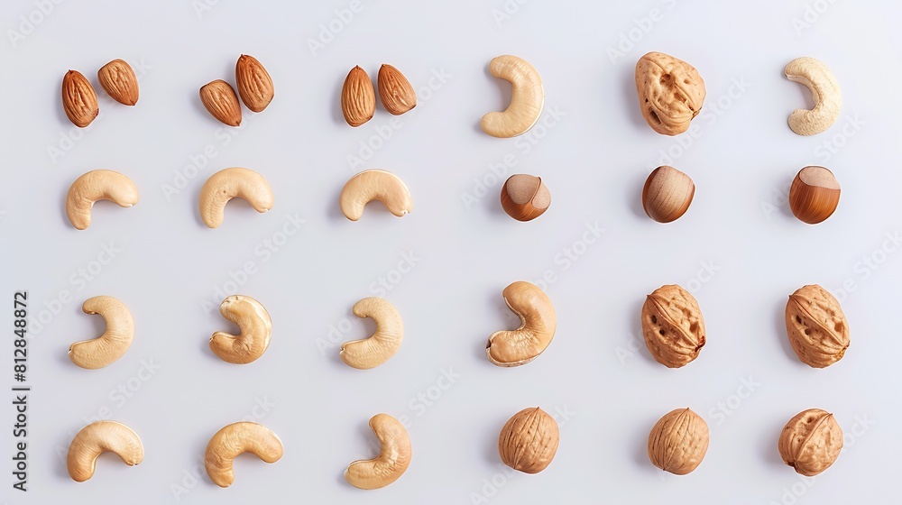 Creative layout made of hazelnut nuts almonds walnut peanut cashew on white backgroundFlat lay Food concept : Generative AI Creative layout made of hazelnut nuts almonds walnut peanut cashew on white backgroundFlat lay Food concept : Generative AI