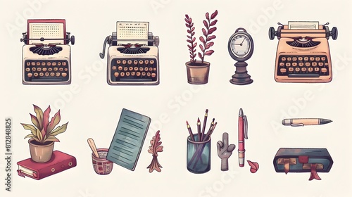 Vintage Writer s Workspace with Typewriters Stationery and Floral Accents photo