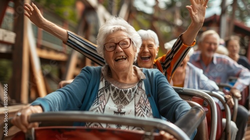 A group of seniors enjoying a day at the amusement park, riding roller coasters and indulging in sweet treats, elderly happy people, old age, bokeh Generative AI hyper realistic 