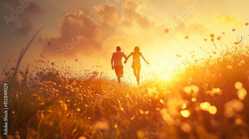 A happy couple running hand in hand on a sunny summer day, with a beautiful nature background, on a romantic journey together, family care hyper realistic 