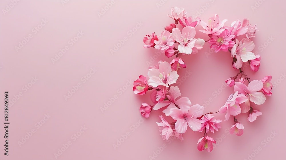 Obraz premium Flowers composition Wreath made of pink flowers on pink background Flat lay top view copy space : Generative AI