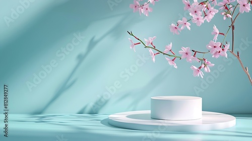 Abstract empty white podium with geometric shadows and pink flowers on blue background Mock up stand for product presentation 3D Render Minimal concept Advertising template   Generative AI
