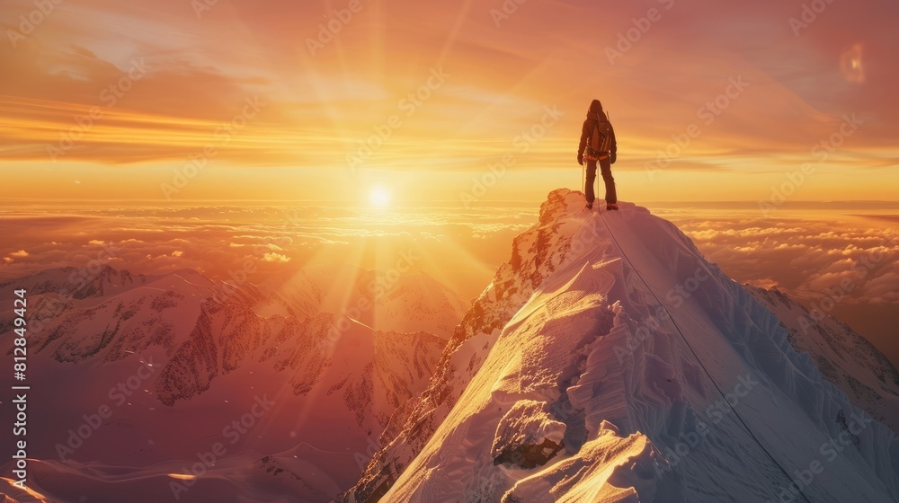 Obraz premium A Mountain Climber standing on top of a mountain looking at the horizon on a snowy landscape at sunset . Mountain Climber Conquering the Summit at Sunset hyper realistic