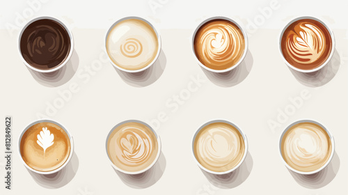 Cups and mugs with coffee top view with espresso an